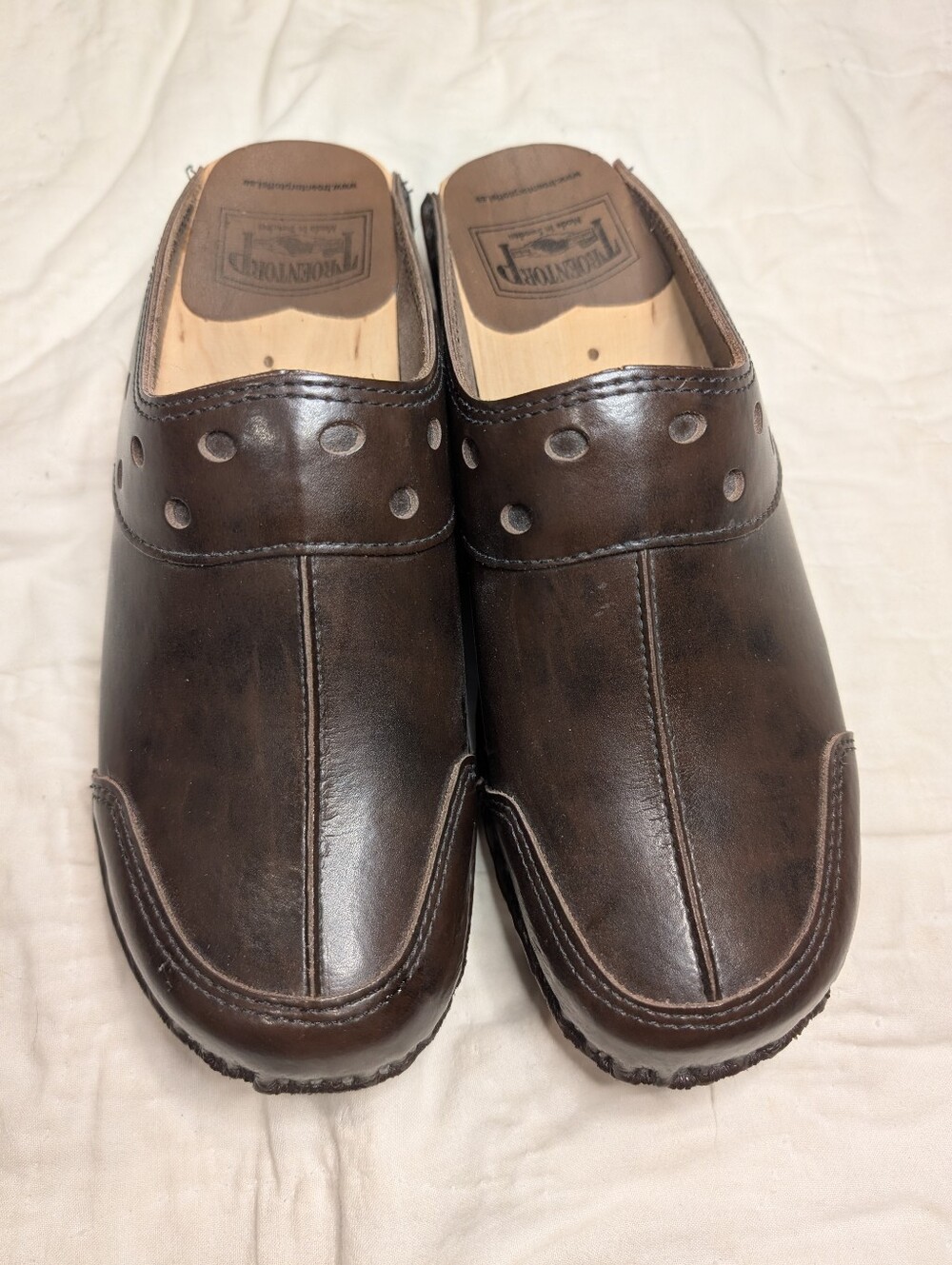 Troentorp Bastad Swedish Clogs Brown Leather Wooden Mules EU 41 (US W 10-11)